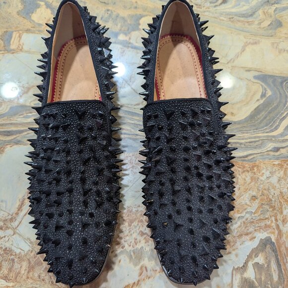 Black Spiked Men\'s with Red Bottom Loafers